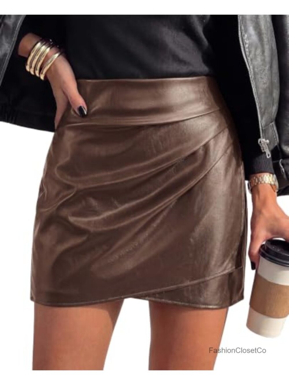 Faux Leather Ruched Mini Skirt with Built-in Shorts Bodycon Asymmetrical Hem